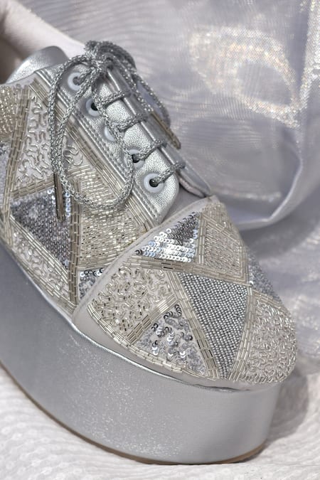 Shop_Around Always_Silver Amayra Sequin-bead Patchwork Wedge Sneakers _Online_at_Aza_Fashions