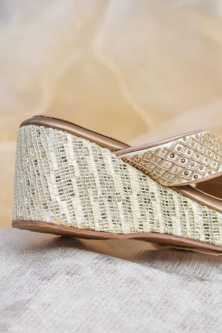 Around Always_Gold Sequins Echo Criss-cross Strap Wedges _Online_at_Aza_Fashions