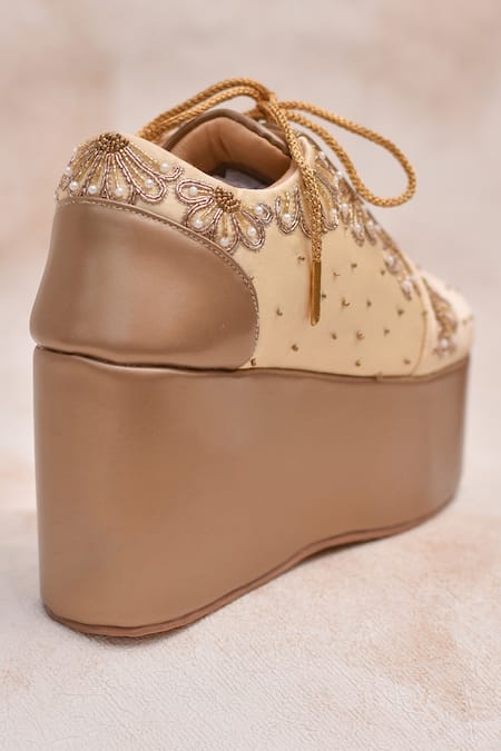 Around Always_Gold Alcove Floral Beadwork Wedge Sneakers _Online_at_Aza_Fashions