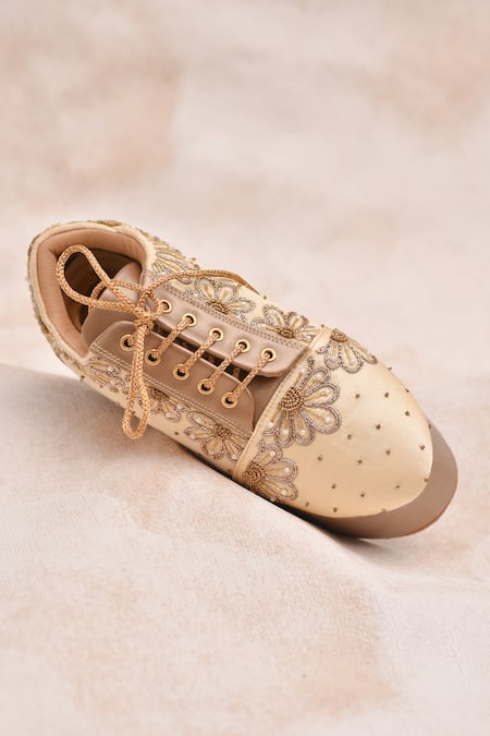 Buy_Around Always_Gold Alcove Floral Beadwork Wedge Sneakers _Online_at_Aza_Fashions