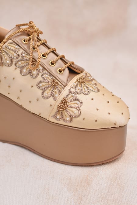 Shop_Around Always_Gold Alcove Floral Beadwork Wedge Sneakers _Online_at_Aza_Fashions