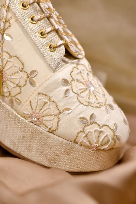 Around Always_Ivory Floral Embroidered Platform Sneakers _Online_at_Aza_Fashions
