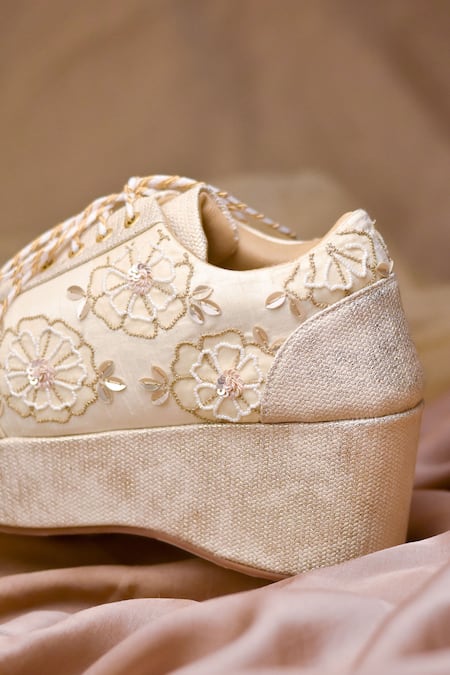 Buy_Around Always_Ivory Floral Embroidered Platform Sneakers _Online_at_Aza_Fashions