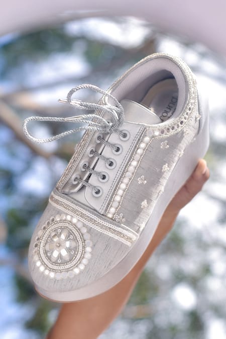 Around Always Cleo Floral Mirror & Pearl Accented Wedge Sneakers 
