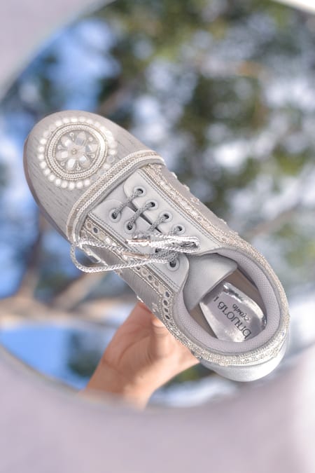 Around Always_Silver Cleo Floral Mirror And Pearl Accented Wedge Sneakers _Online_at_Aza_Fashions