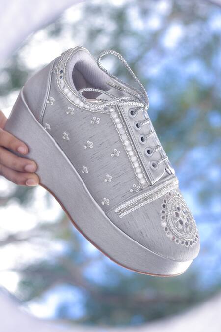 Around Always Cleo Floral Mirror & Pearl Accented Wedge Sneakers 