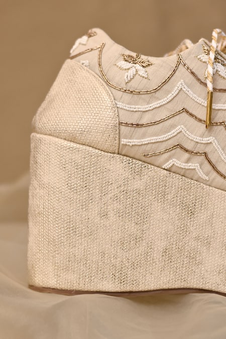 Around Always_Ivory Reet Zardozi Floral Scalloped Platform Sneakers _Online_at_Aza_Fashions