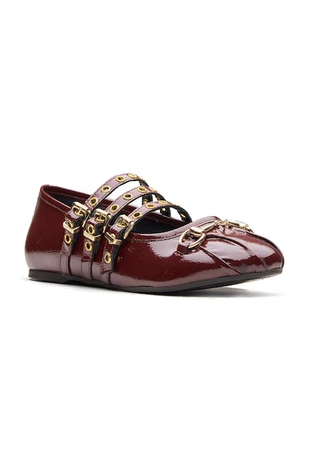 Buy_Dang Shoes_Burgundy Lucy Buckle Strap And Horsebit Detail Ballet Flats _Online_at_Aza_Fashions