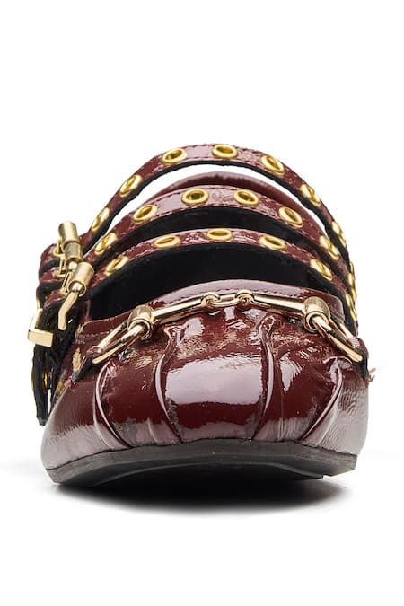 Shop_Dang Shoes_Burgundy Lucy Buckle Strap And Horsebit Detail Ballet Flats _Online_at_Aza_Fashions