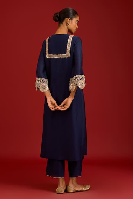 Shop Devnaagri Navy Chanderi , Organza Embroidery, Sequins, Mirrors Round Kurta Set at Aza Fashions Shop_Devnaagri_Navy Chanderi , Organza Embroidery, Sequins, Mirrors Round Kurta Set _at_Aza_Fashions
