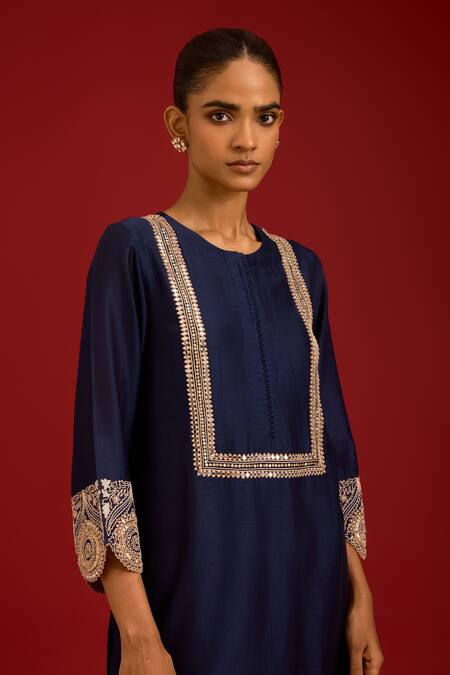 Devnaagri Navy Chanderi , Organza Embroidery, Sequins, Mirrors Round Kurta Set at Aza Fashions Devnaagri_Navy Chanderi , Organza Embroidery, Sequins, Mirrors Round Kurta Set _at_Aza_Fashions