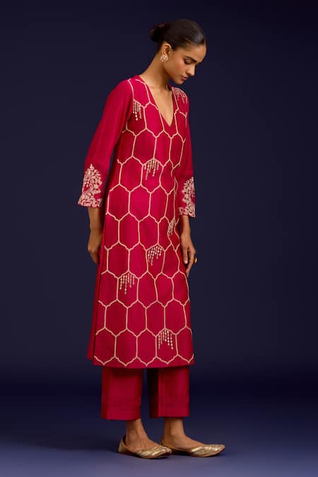Devnaagri_Fuchsia Chanderi , Organza Embroidery, Mirrors, Sequins Kurta Set _at_Aza_Fashions