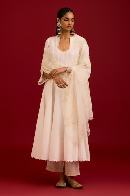 Buy Devnaagri Ivory Cotton, , Shantoon, Organza Embroidery, Mirrors, Anarkali Set Online at Aza Fashions Buy_Devnaagri_Ivory Cotton, , Shantoon, Organza Embroidery, Mirrors, Anarkali Set _Online_at_Aza_Fashions