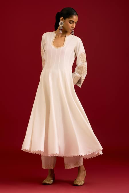 Shop Devnaagri Ivory Cotton, , Shantoon, Organza Embroidery, Mirrors, Anarkali Set Online at Aza Fashions Shop_Devnaagri_Ivory Cotton, , Shantoon, Organza Embroidery, Mirrors, Anarkali Set _Online_at_Aza_Fashions