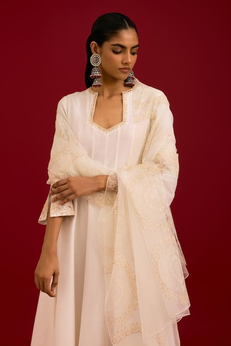 Devnaagri Ivory Cotton, , Shantoon, Organza Embroidery, Mirrors, Anarkali Set at Aza Fashions Devnaagri_Ivory Cotton, , Shantoon, Organza Embroidery, Mirrors, Anarkali Set _at_Aza_Fashions