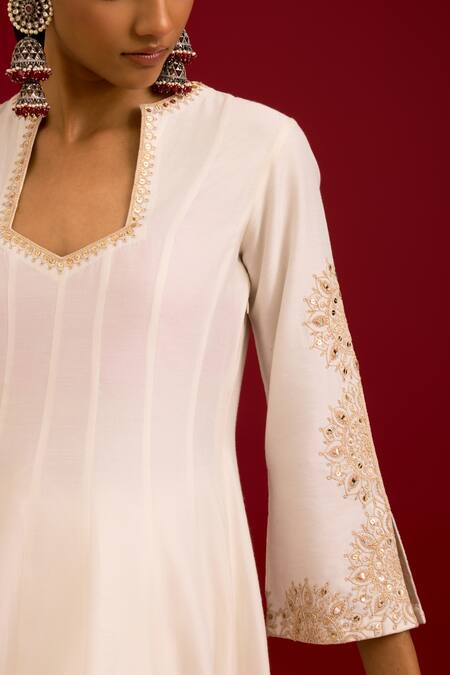 Buy Devnaagri Ivory Cotton, , Shantoon, Organza Embroidery, Mirrors, Anarkali Set Buy_Devnaagri_Ivory Cotton, , Shantoon, Organza Embroidery, Mirrors, Anarkali Set