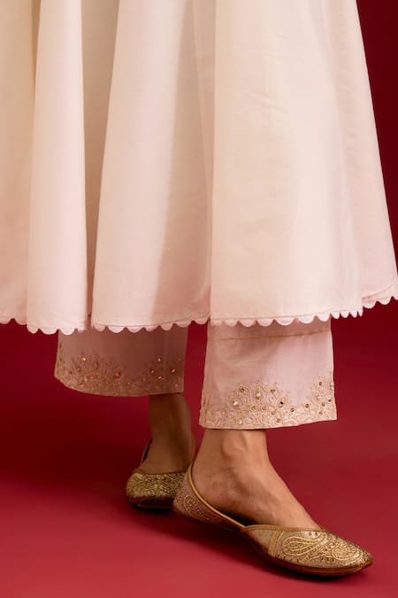 Shop Devnaagri Ivory Cotton, , Shantoon, Organza Embroidery, Mirrors, Anarkali Set Shop_Devnaagri_Ivory Cotton, , Shantoon, Organza Embroidery, Mirrors, Anarkali Set