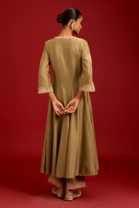 Shop Devnaagri Green Cotton, , Shantoon, Organza Embroidery, Dori And Anarkali Set at Aza Fashions Shop_Devnaagri_Green Cotton, , Shantoon, Organza Embroidery, Dori And Anarkali Set _at_Aza_Fashions