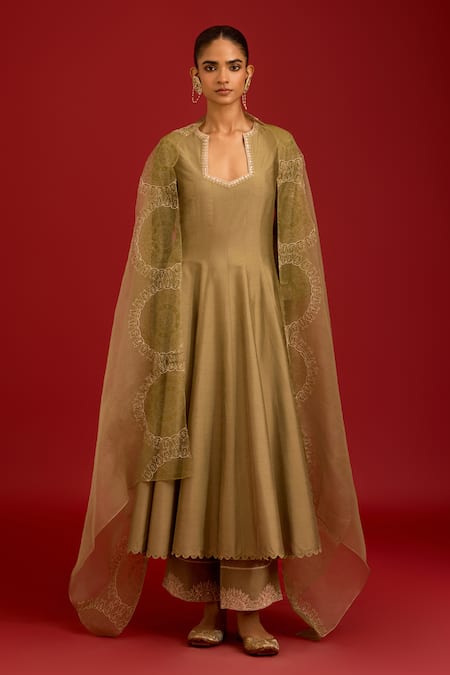 Devnaagri Green Cotton, , Shantoon, Organza Embroidery, Dori And Anarkali Set 