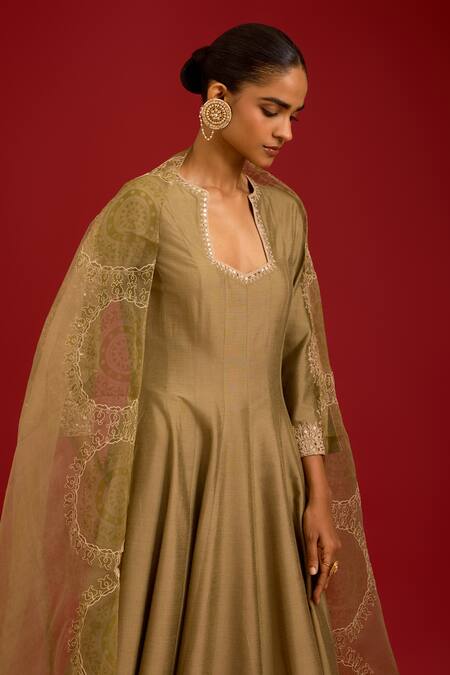 Devnaagri Green Cotton, , Shantoon, Organza Embroidery, Dori And Anarkali Set at Aza Fashions Devnaagri_Green Cotton, , Shantoon, Organza Embroidery, Dori And Anarkali Set _at_Aza_Fashions