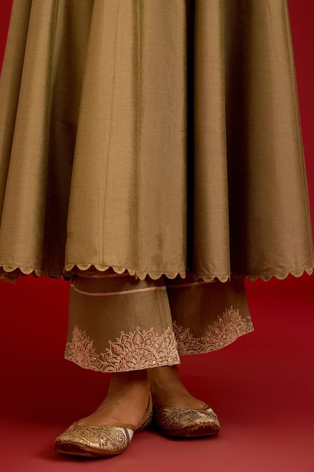 Buy Devnaagri Green Cotton, , Shantoon, Organza Embroidery, Dori And Anarkali Set Buy_Devnaagri_Green Cotton, , Shantoon, Organza Embroidery, Dori And Anarkali Set