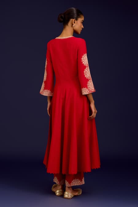 Shop Devnaagri Red Cotton, , Shantoon, Organza Embroidery, Mirrors, Anarkali Set at Aza Fashions Shop_Devnaagri_Red Cotton, , Shantoon, Organza Embroidery, Mirrors, Anarkali Set _at_Aza_Fashions