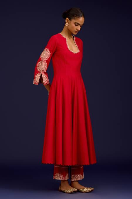 Devnaagri Red Cotton, , Shantoon, Organza Embroidery, Mirrors, Anarkali Set Online at Aza Fashions Devnaagri_Red Cotton, , Shantoon, Organza Embroidery, Mirrors, Anarkali Set _Online_at_Aza_Fashions