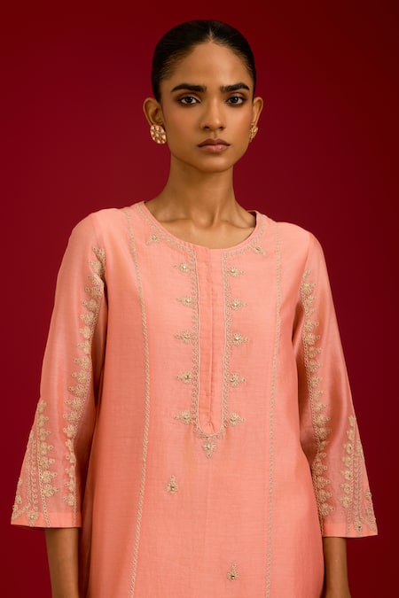 Devnaagri_Pink Chanderi , Shantoon, Organza Embroidery, Dori And Work Kurta Set _at_Aza_Fashions