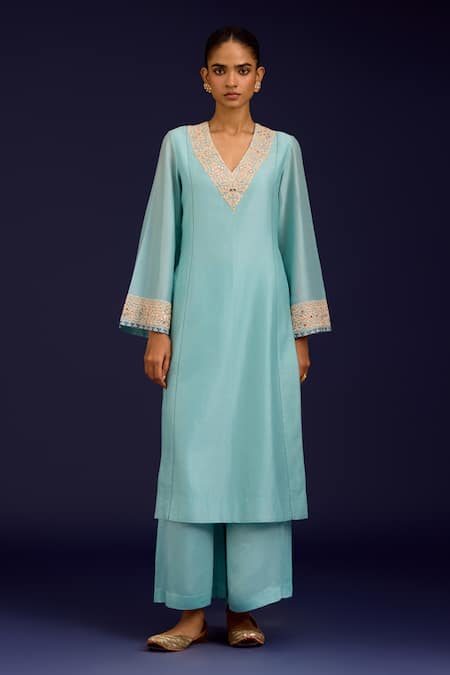 Devnaagri_Aqua Chanderi Silk, Modal, Satin Embroidery, Sequins, Kurta And Palazzo Set _Online_at_Aza_Fashions