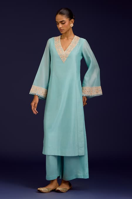Buy_Devnaagri_Aqua Chanderi Silk, Modal, Satin Embroidery, Sequins, Kurta And Palazzo Set _Online_at_Aza_Fashions