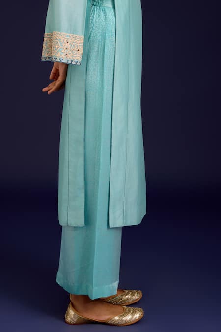 Shop_Devnaagri_Aqua Chanderi Silk, Modal, Satin Embroidery, Sequins, Kurta And Palazzo Set _Online_at_Aza_Fashions