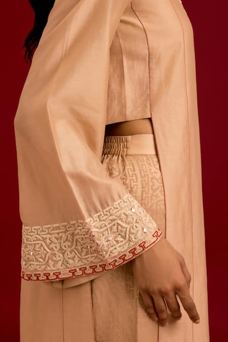 Shop_Devnaagri_Beige Chanderi Silk, Modal, Satin Embroidery, Sequins, Dori Kurta And Palazzo Set _Online_at_Aza_Fashions