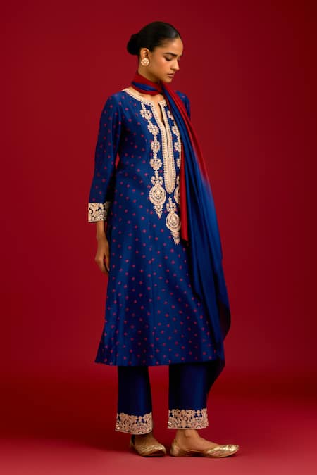Buy Devnaagri Blue Silk, Silk, Embroidery, Sequins, Bandhej Kurta Pant Set Online at Aza Fashions Buy_Devnaagri_Blue Silk, Silk, Embroidery, Sequins, Bandhej Kurta Pant Set _Online_at_Aza_Fashions