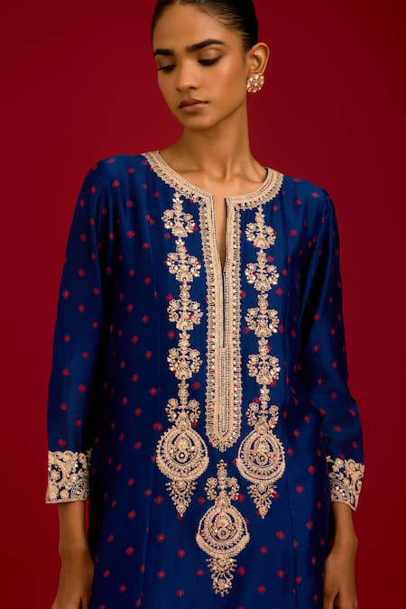 Buy Devnaagri Blue Silk, Silk, Embroidery, Sequins, Bandhej Kurta Pant Set Buy_Devnaagri_Blue Silk, Silk, Embroidery, Sequins, Bandhej Kurta Pant Set