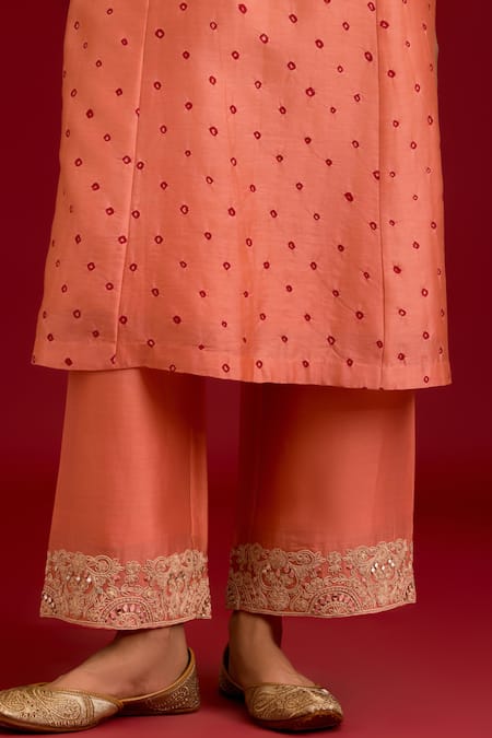Devnaagri_Peach Chanderi Silk Sequins, Mirrors, Embroidery Split Bandhej Kurta Set _at_Aza_Fashions