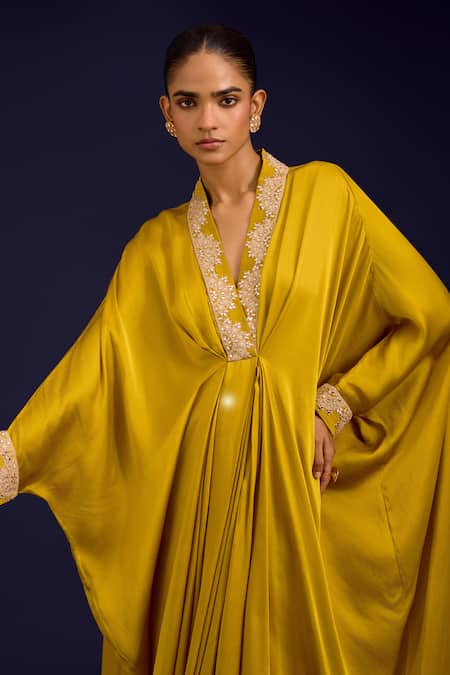Devnaagri_Mustard Modal, Satin Embroidery, Mirrors, Sequins V-neck Dori Kaftan And Pant Set _Online_at_Aza_Fashions