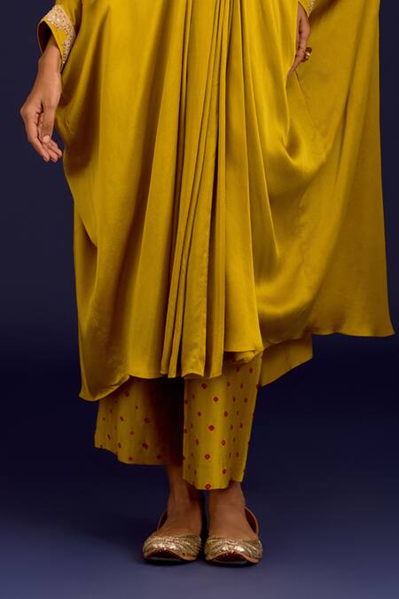 Buy_Devnaagri_Mustard Modal, Satin Embroidery, Mirrors, Sequins V-neck Dori Kaftan And Pant Set _Online_at_Aza_Fashions