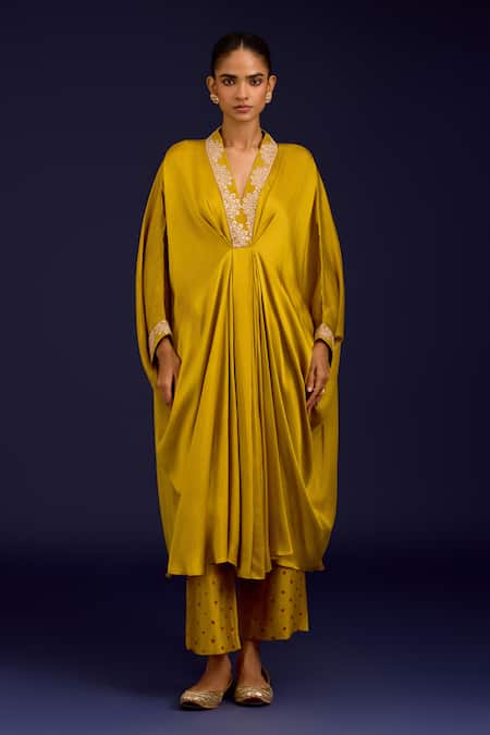Shop_Devnaagri_Mustard Modal, Satin Embroidery, Mirrors, Sequins V-neck Dori Kaftan And Pant Set _Online_at_Aza_Fashions