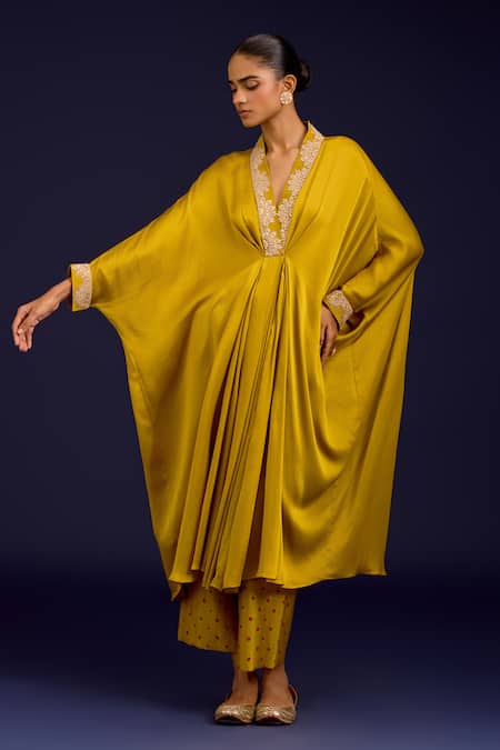 Devnaagri_Mustard Modal, Satin Embroidery, Mirrors, Sequins V-neck Dori Kaftan And Pant Set _at_Aza_Fashions