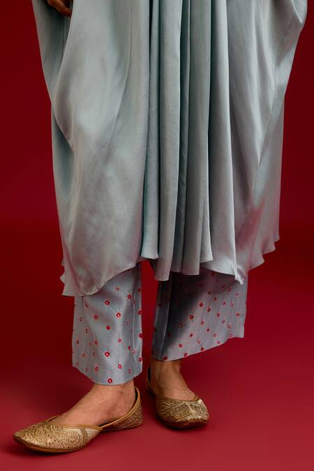 Devnaagri_Blue Modal, Satin Embroidery, Mirrors, Sequins V-neck Kaftan And Pant Set _Online_at_Aza_Fashions