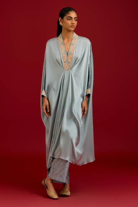 Shop_Devnaagri_Blue Modal, Satin Embroidery, Mirrors, Sequins V-neck Kaftan And Pant Set _Online_at_Aza_Fashions