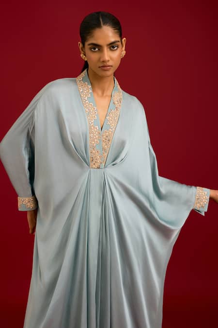 Devnaagri_Blue Modal, Satin Embroidery, Mirrors, Sequins V-neck Kaftan And Pant Set _at_Aza_Fashions