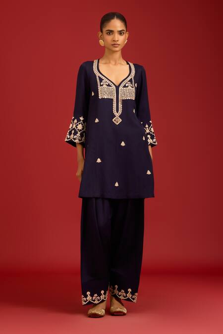 Devnaagri_Navy Silk Satin, , Satin, Organza Sequins, Mirrors, Kurta Set _Online_at_Aza_Fashions