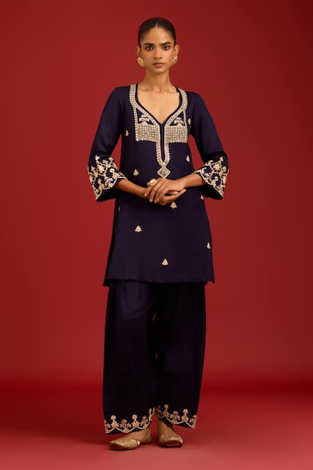 Shop_Devnaagri_Navy Silk Satin, , Satin, Organza Sequins, Mirrors, Kurta Set _Online_at_Aza_Fashions