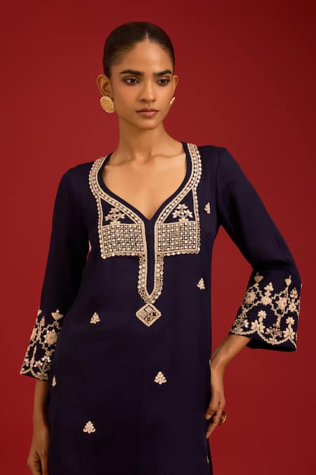 Shop_Devnaagri_Navy Silk Satin, , Satin, Organza Sequins, Mirrors, Kurta Set 