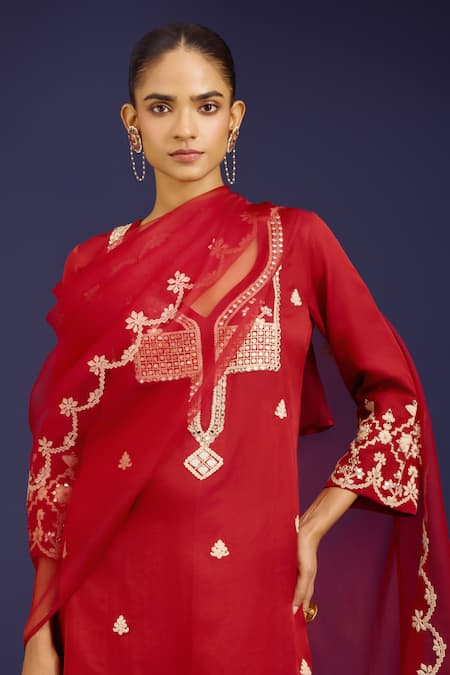 Devnaagri_Maroon Cotton Satin, Silk, Organza Sequins, Mirrors, And Dori Kurta Set _at_Aza_Fashions