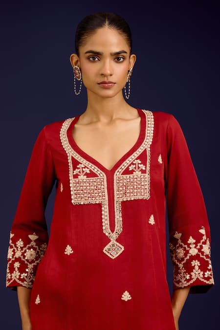 Buy_Devnaagri_Maroon Cotton Satin, Silk, Organza Sequins, Mirrors, And Dori Kurta Set 