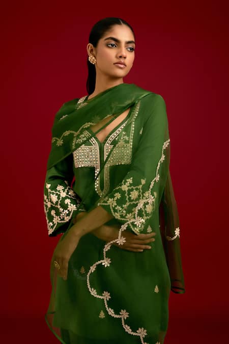 Buy_Devnaagri_Green Cotton Satin, Silk, Organza Sequins, Mirrors, Embroidery And Dori Kurta Set 