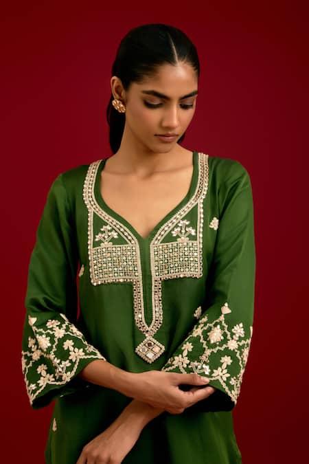 Shop_Devnaagri_Green Cotton Satin, Silk, Organza Sequins, Mirrors, Embroidery And Dori Kurta Set 