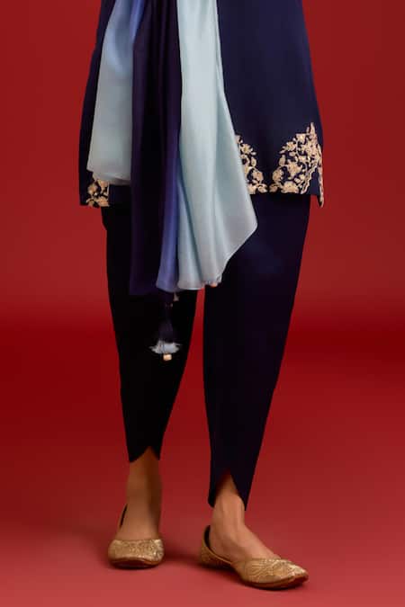 Devnaagri_Blue Cotton Satin, , Cotton, Satin, Crepe Sequins, And Dori Kurta Set _Online_at_Aza_Fashions